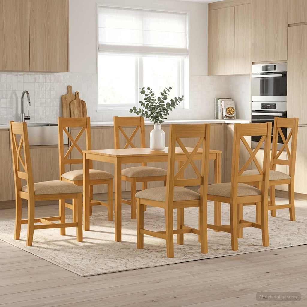Dining Set 7 pcs Beige Solid Oak Wood