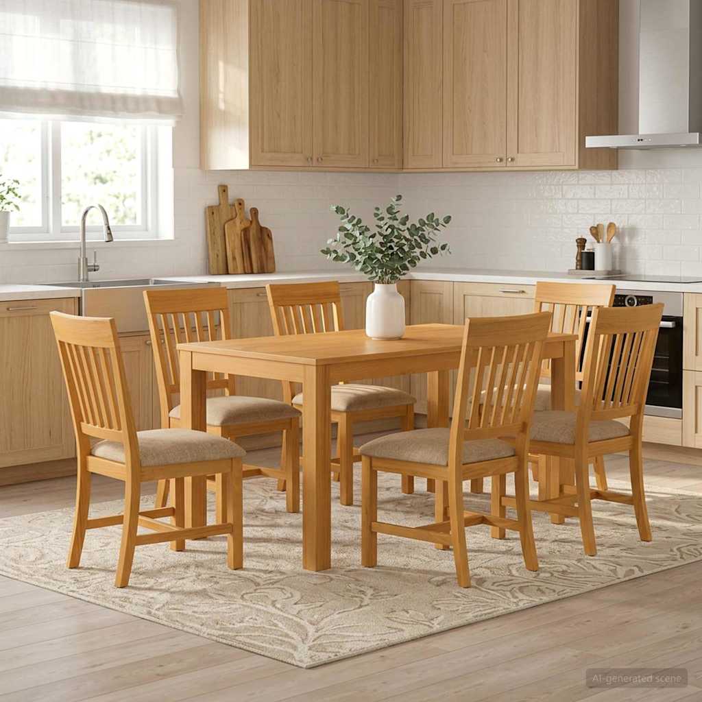 Dining Set 7 pcs Beige Solid Oak Wood