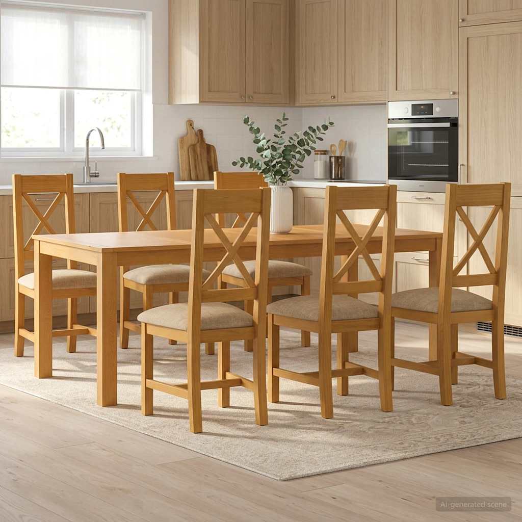 Dining Set 7 pcs Beige Solid Oak Wood