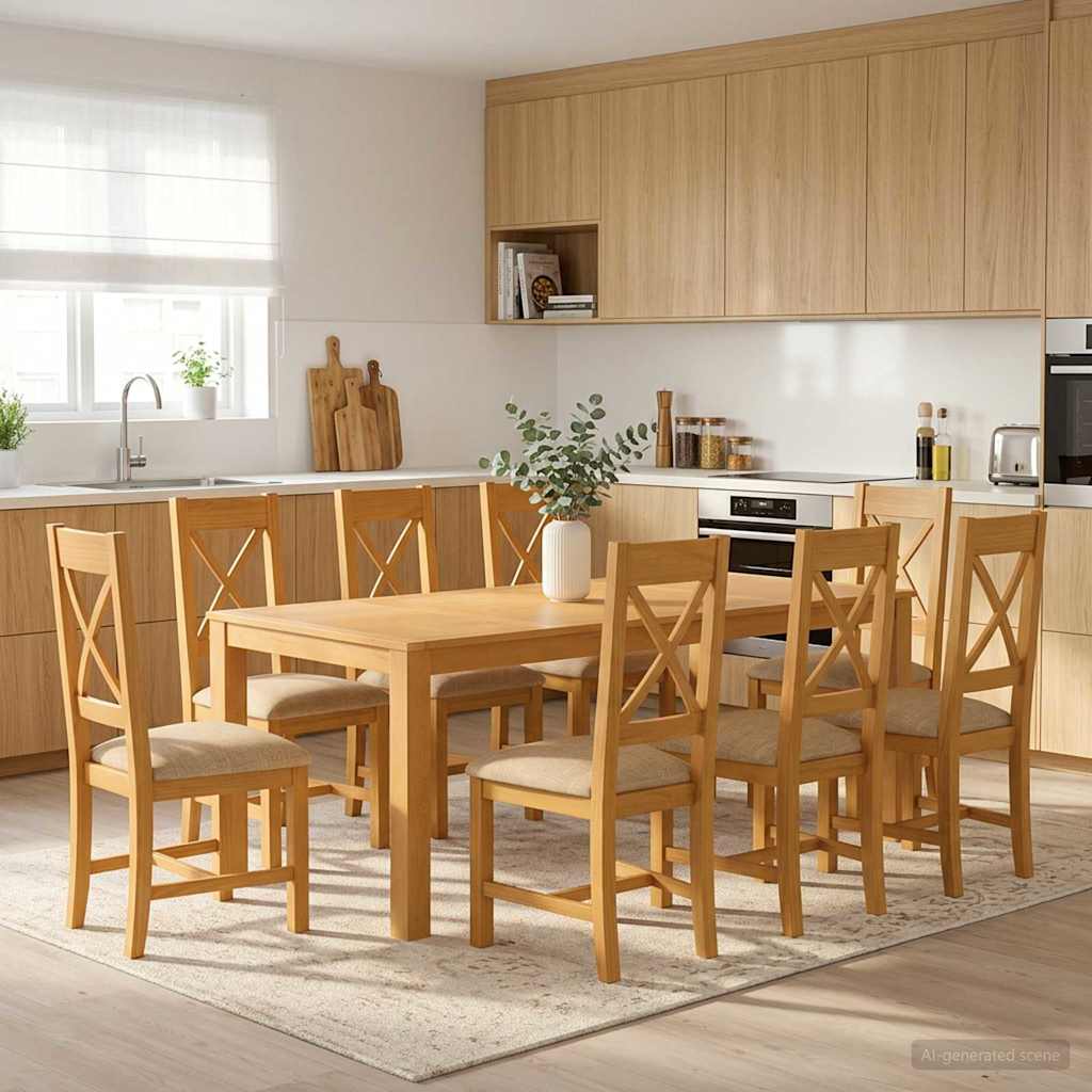 Dining Set 9 pcs Beige Solid Oak Wood