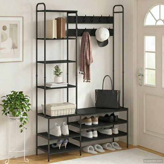 Coat Stand with Shoes Bench Black Oak 120.5 x 34 x 190 cm