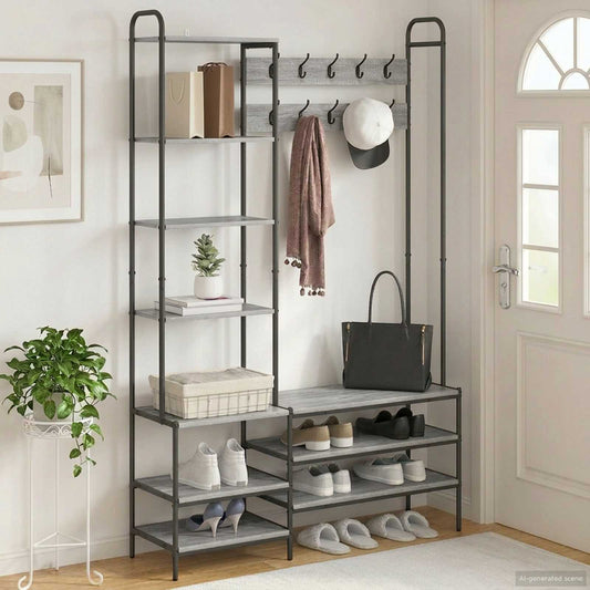 Coat Stand with Shoes Bench Grey Sonoma 120.5 x 34 x 190 cm