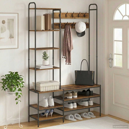 Coat Stand with Shoes Bench Old Wood 120.5 x 34 x 190 cm