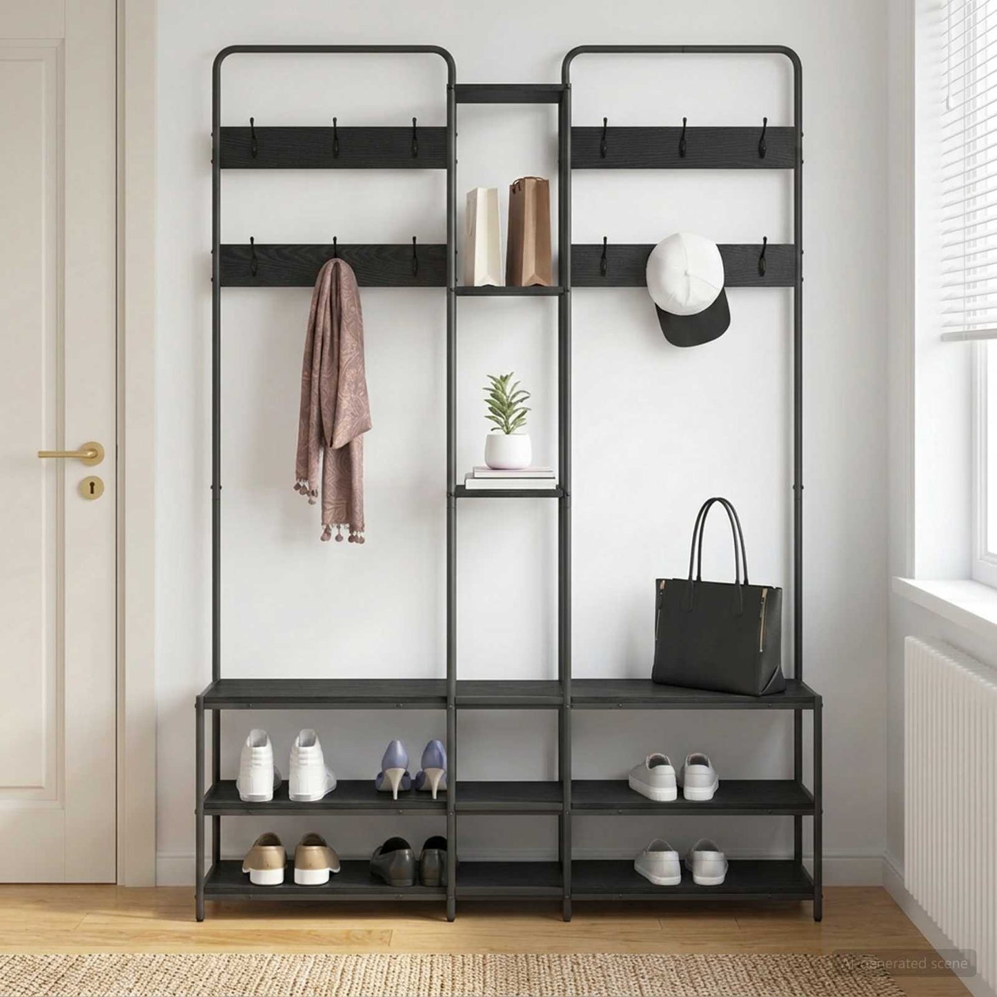 Coat Stand with Shoes Bench Black Oak 143 x 30 x 199.5 cm