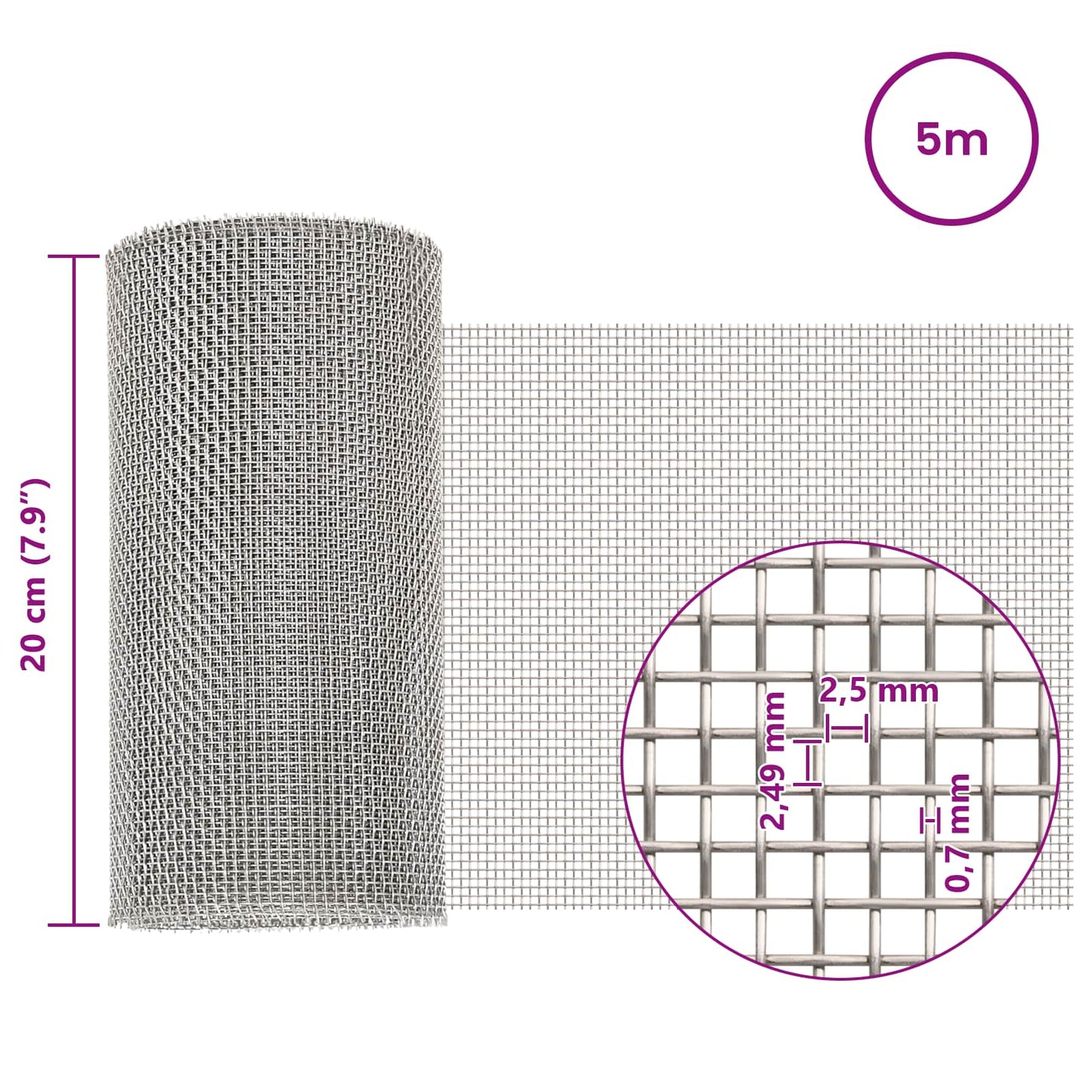 Mesh Screen 20 x 500 cm 8 Mesh Stainless Steel 201 Silver