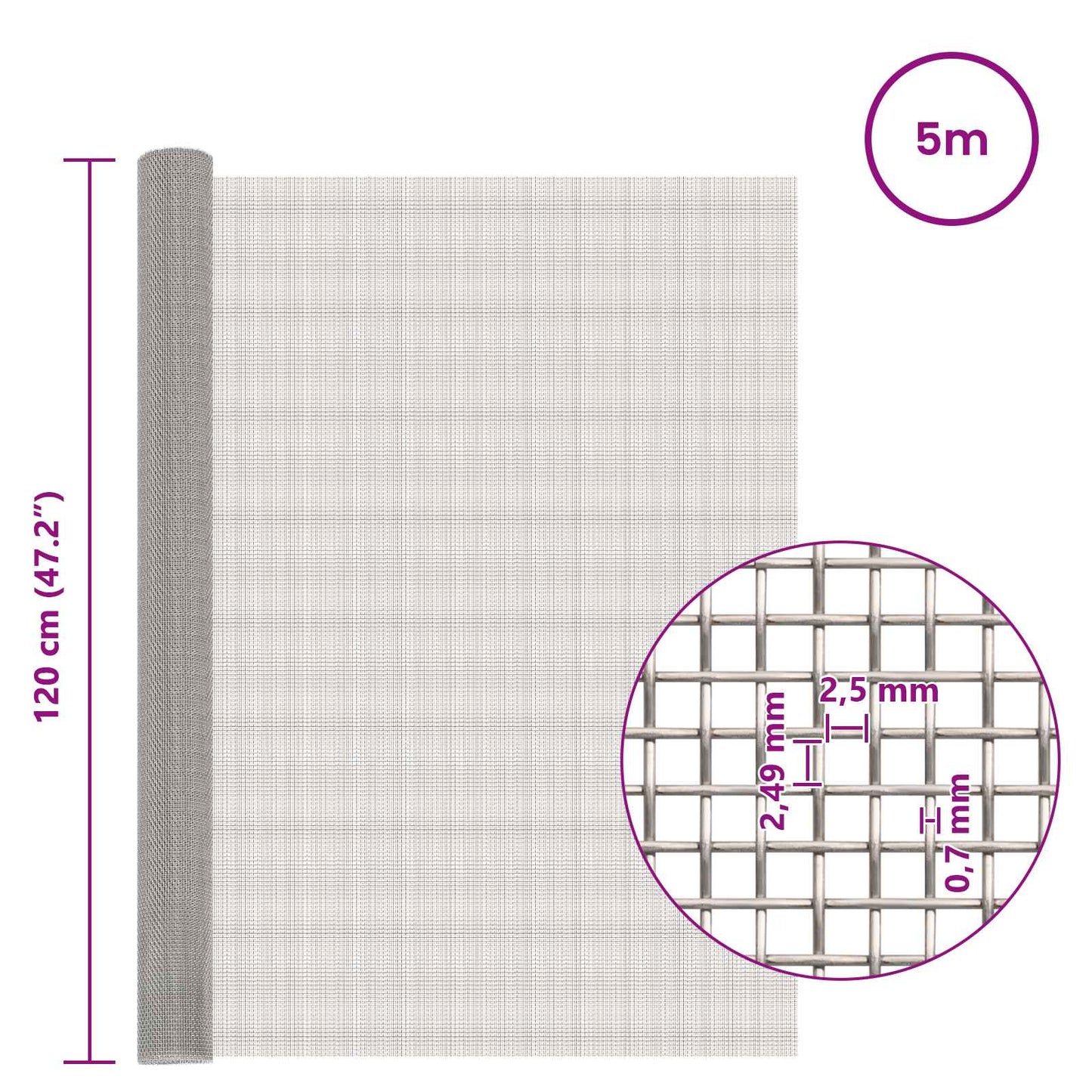 Mesh Screen 120 x 500 cm 8 Mesh Stainless Steel 201 Silver