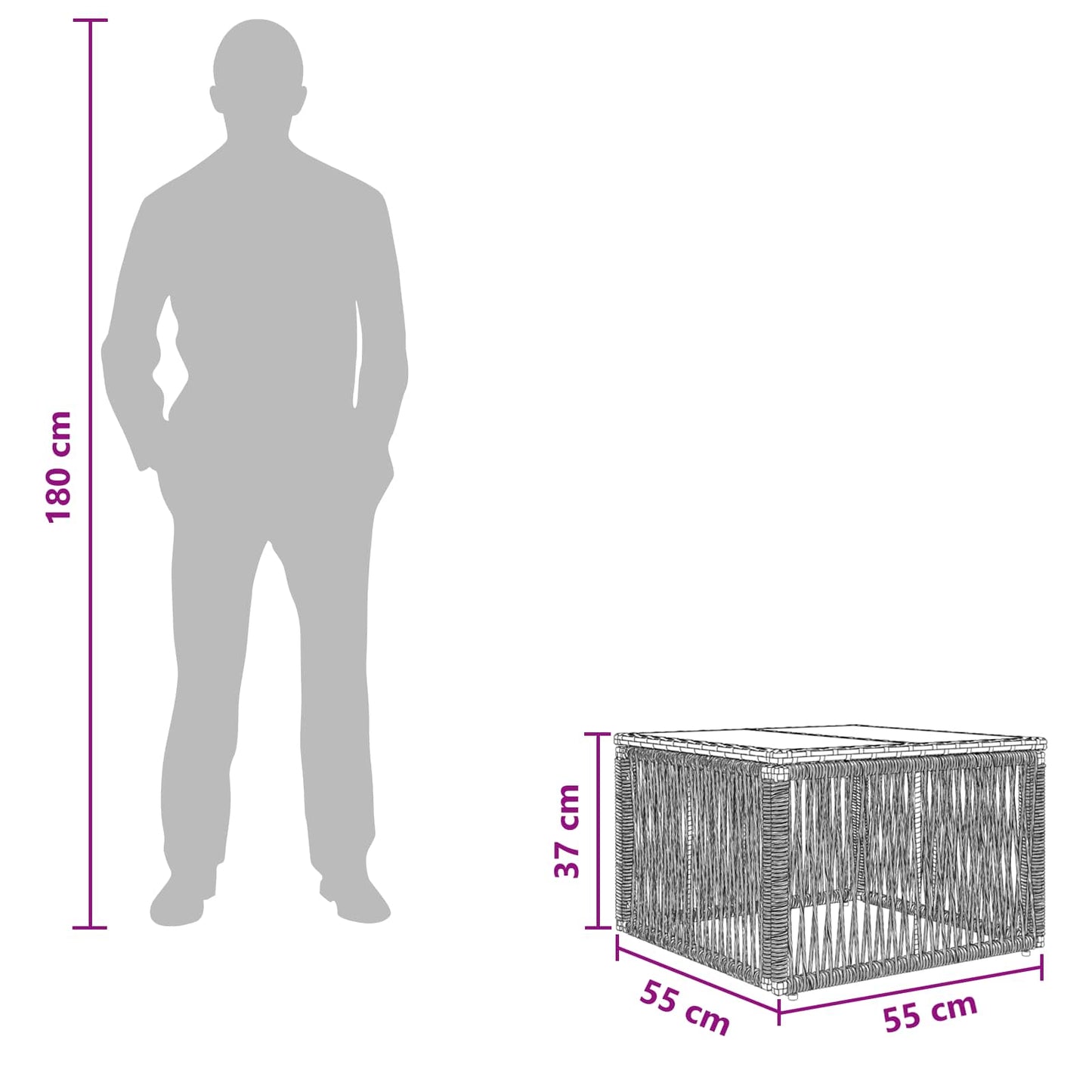 Garden Table Grey and Black 55 x 55 x 37 cm PE Rattan and Glass
