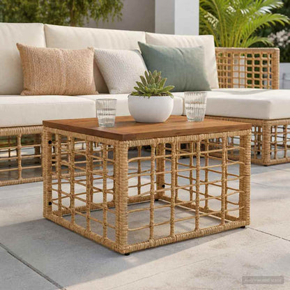Garden Table Natural 55 x 55 x 37 cm PE Rattan and Glass