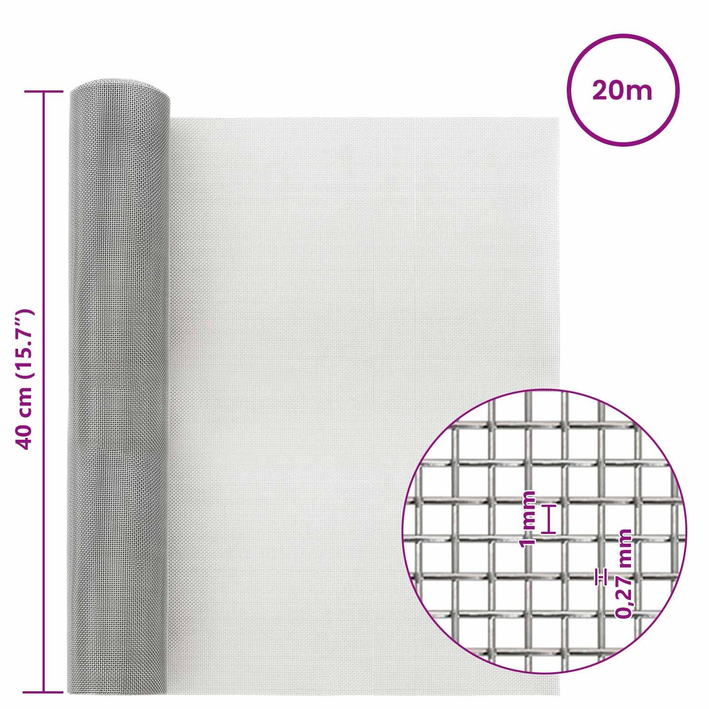 Mesh Screen 40 x 2000 cm 20 Mesh Stainless Steel 201 Silver