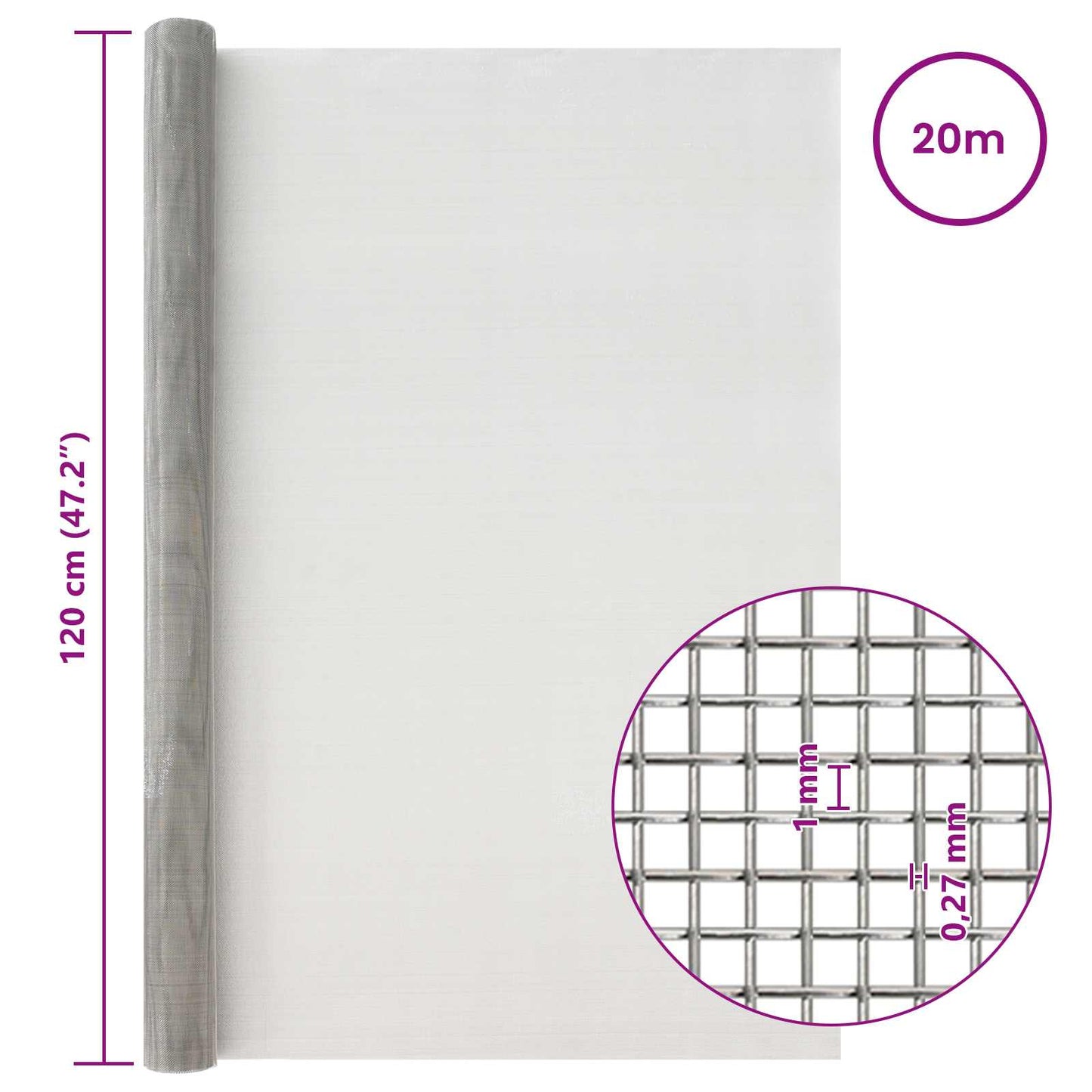 Mesh Screen 120 x 2000 cm 20 Mesh Stainless Steel 201 Silver