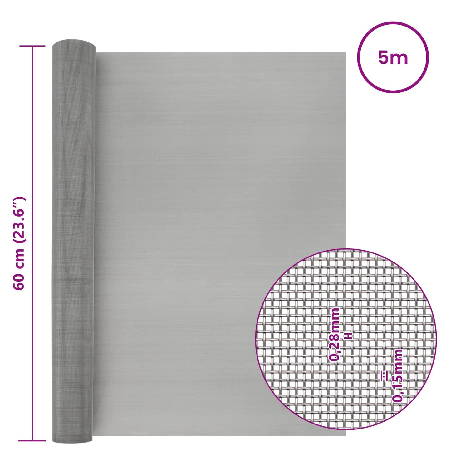 Mesh Screen 60 x 500 cm 60 Mesh Stainless Steel 201 Silver
