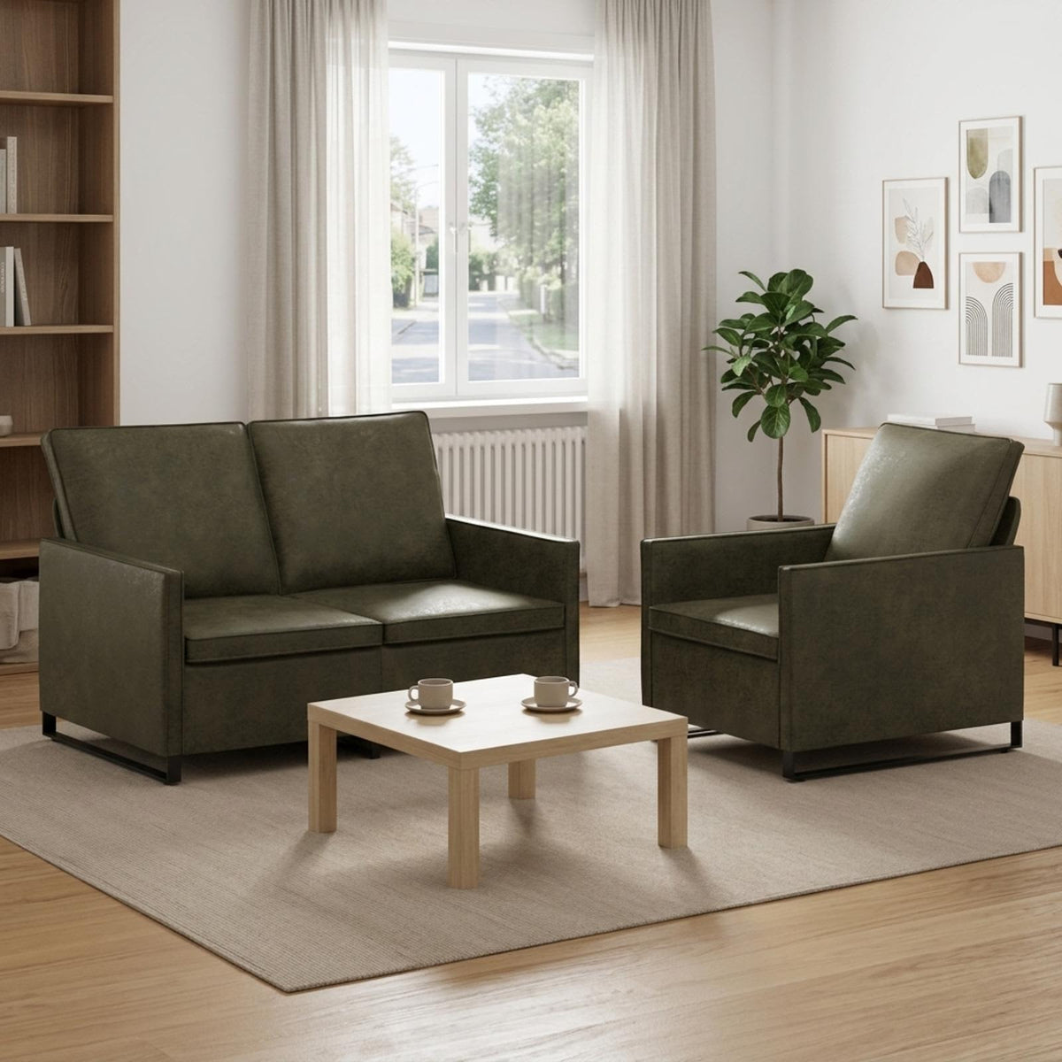 Sofa Set 2 pcs Army Green Faux Suede Fabric
