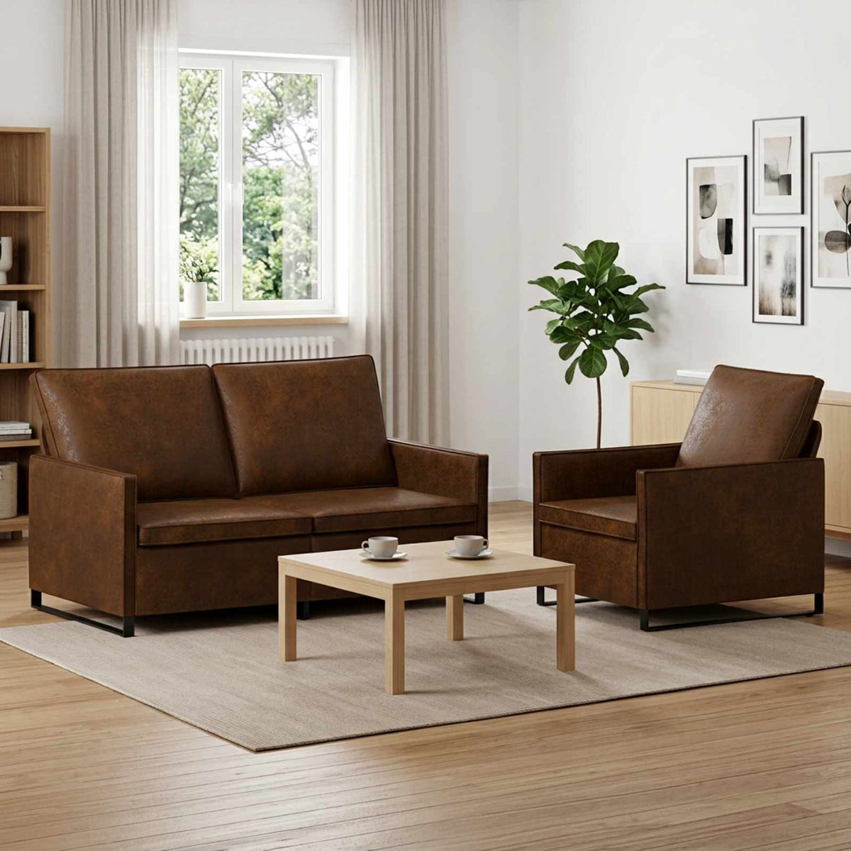 Sofa Set 2 pcs Brown Faux Suede Fabric