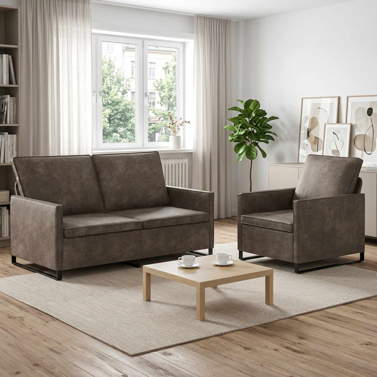 Sofa Set 2 pcs Dark Grey Faux Suede Fabric