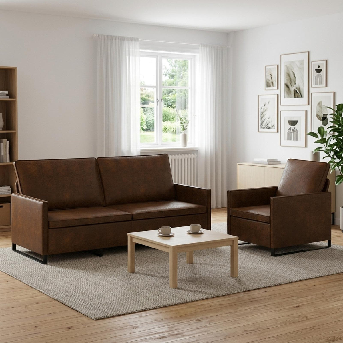 Sofa Set 2 pcs Brown Faux Suede Fabric