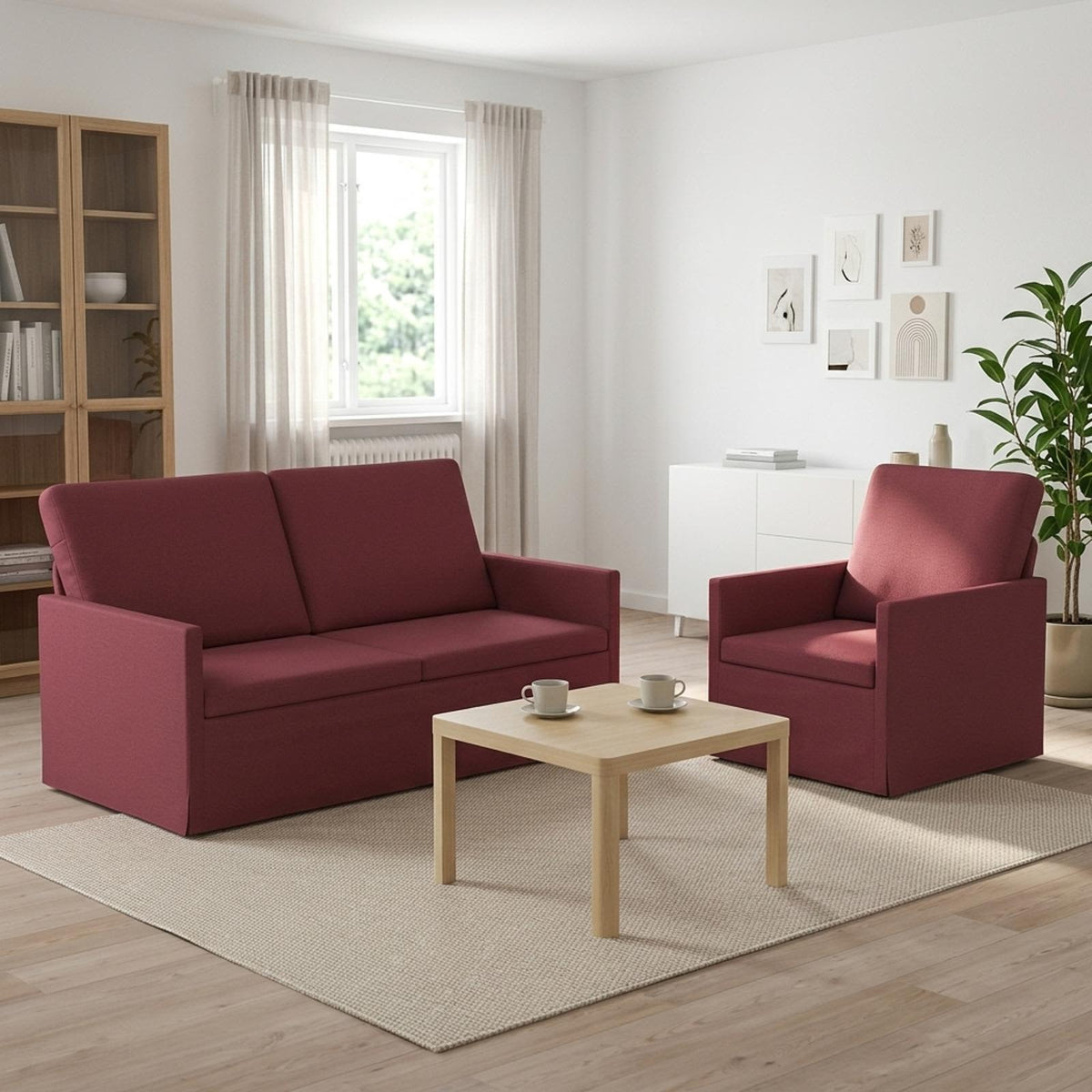 Sofa Set 2 pcs Wine Red Fabric