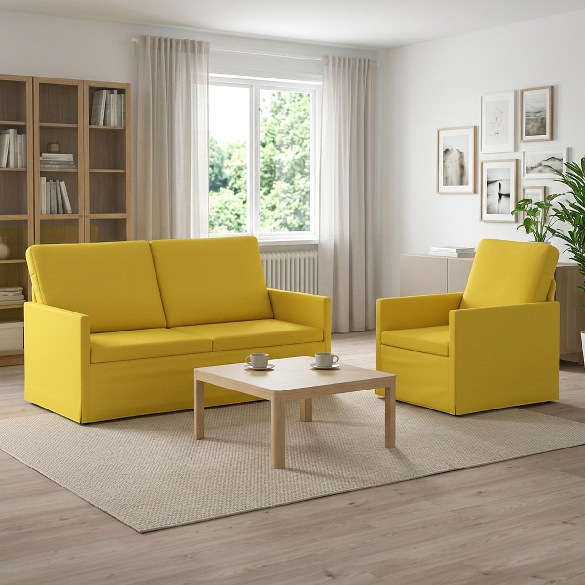 Sofa Set 2 pcs Light Yellow Fabric