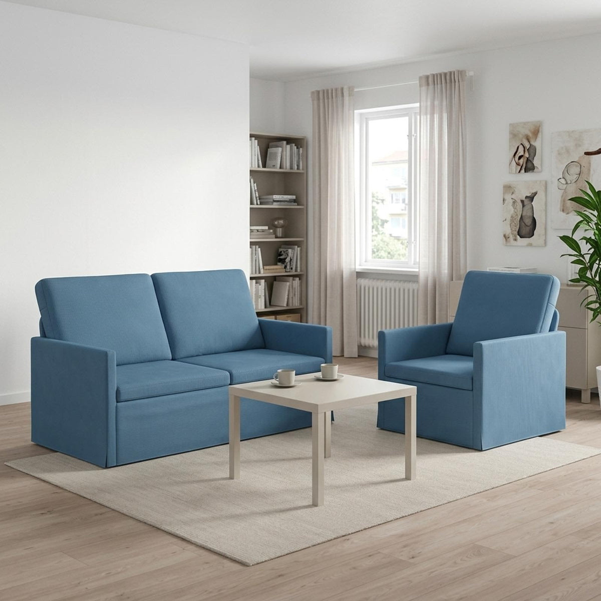 Sofa Set 2 pcs Blue Corduroy Fabric