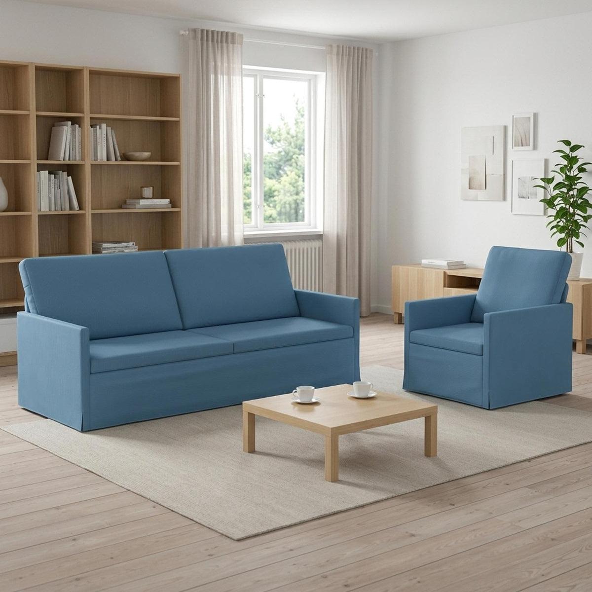 Sofa Set 2 pcs Blue Corduroy Fabric