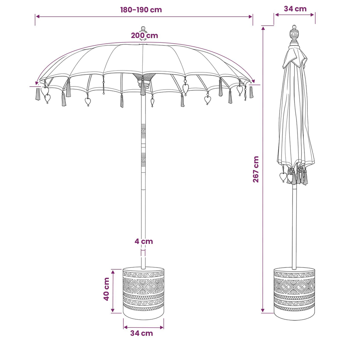 Balinese Parasol with Base Round 190 x 190 x 295 cm