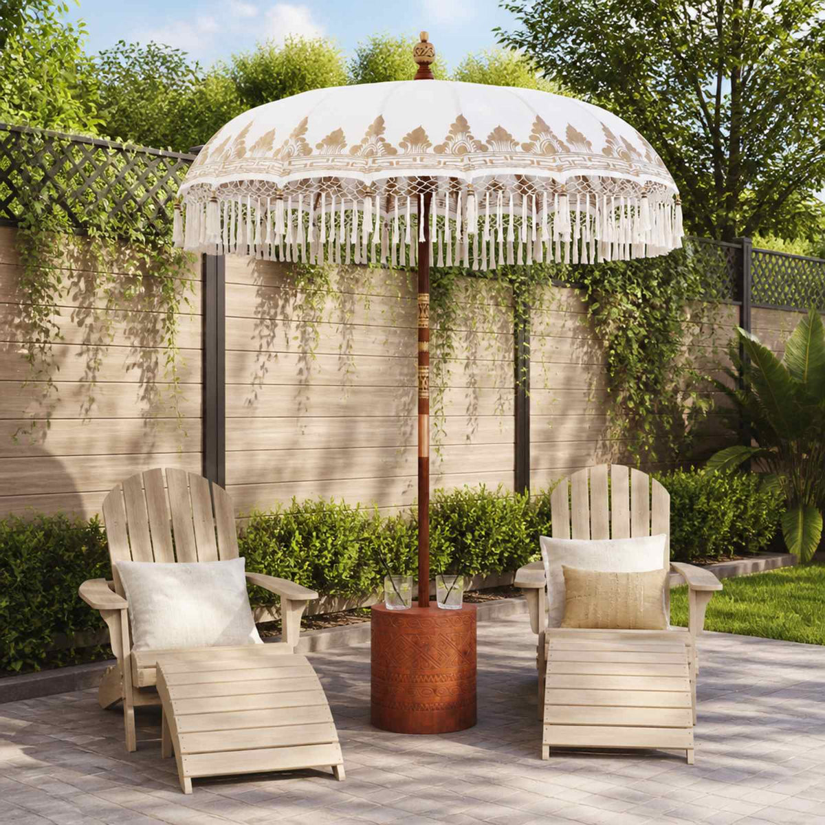 Balinese Parasol with Base Ø 180-190 cm Cream and Brown