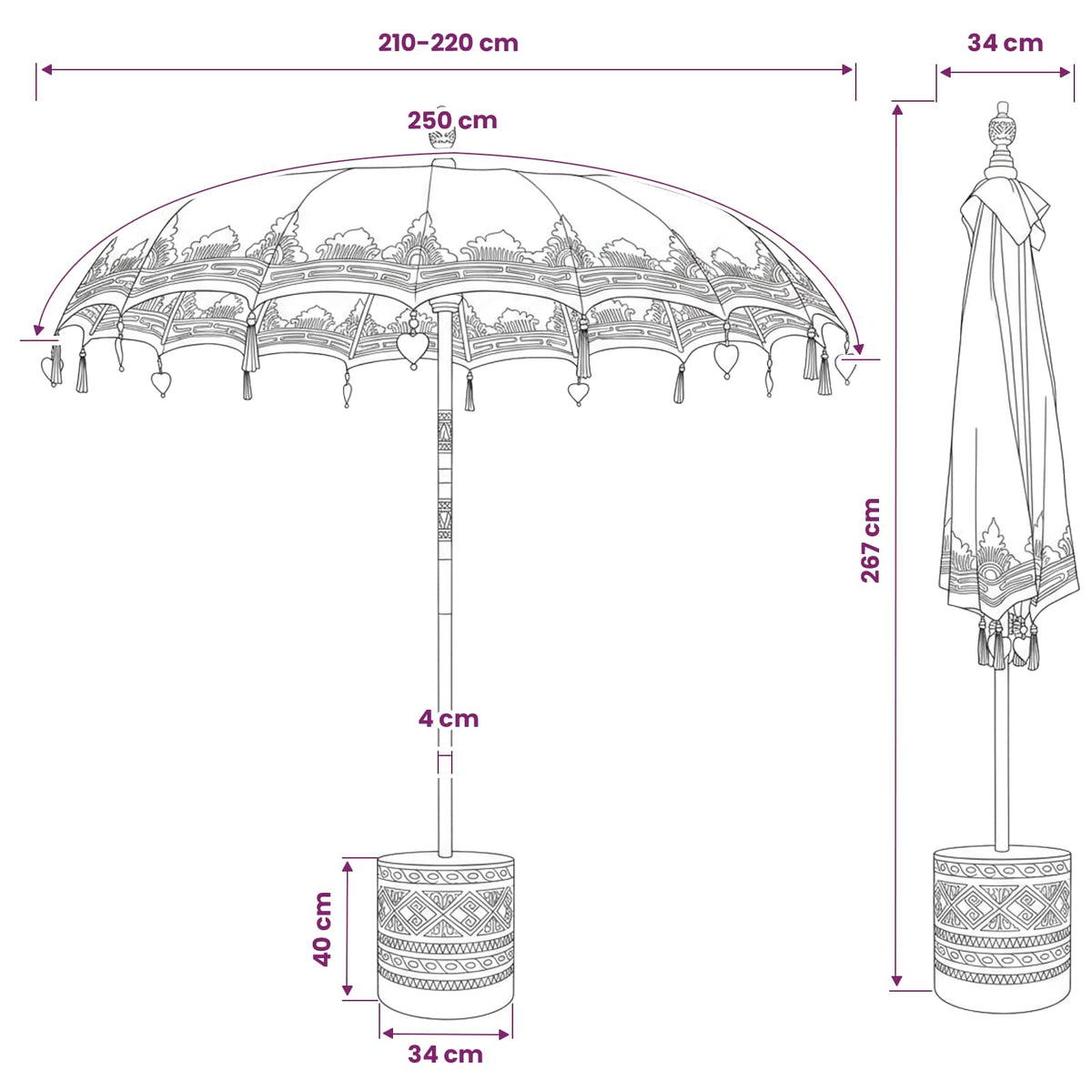 Balinese Parasol with Base 260 220 x 220 x 295 cm Red and Brown