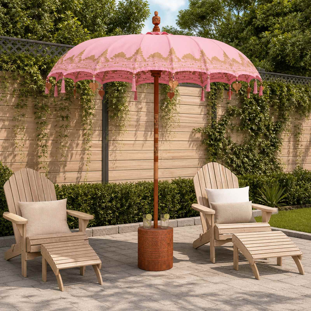 Balinese Parasol with Base Ø 180-190 cm Pink and Brown