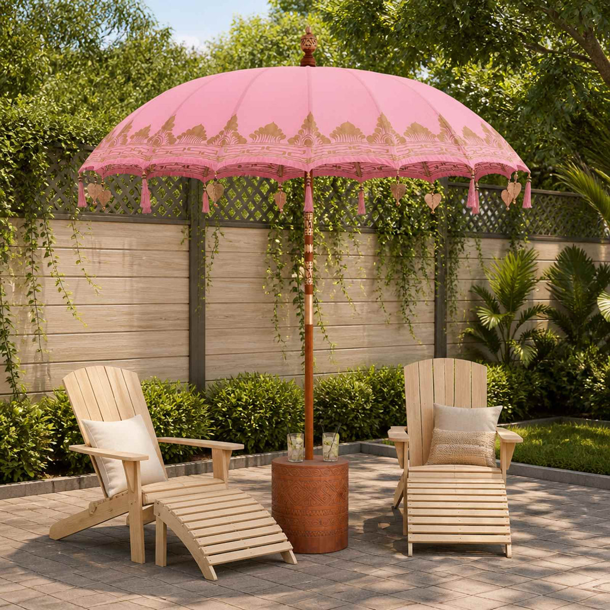 Balinese Parasol with Base Ø 210-220 cm Pink and Brown