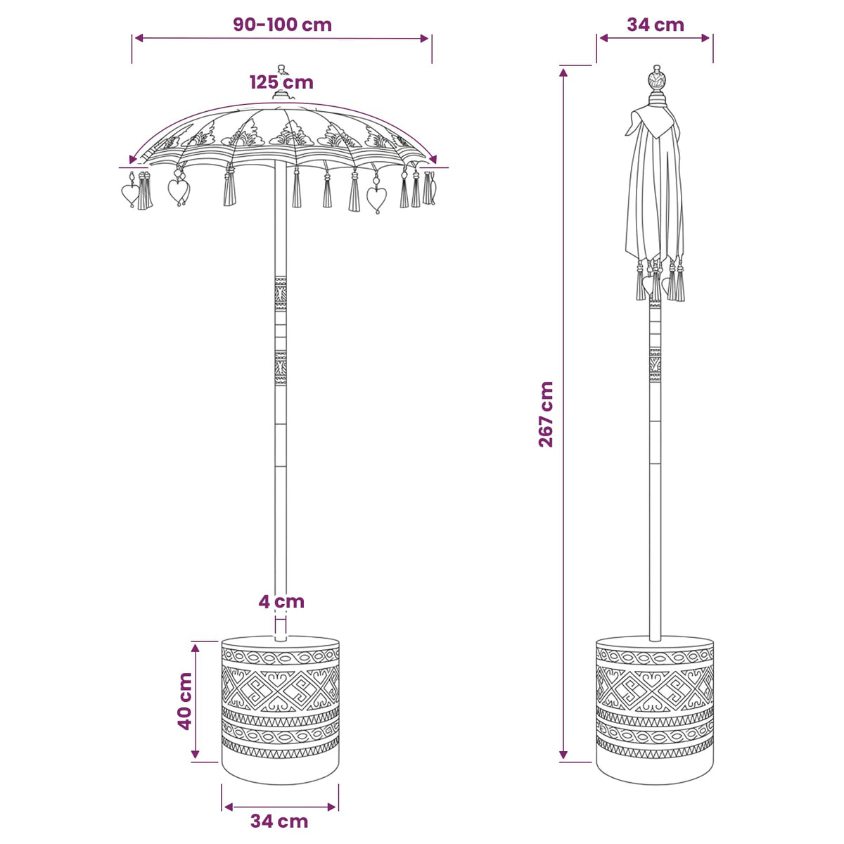 Balinese Parasol with Base 2 pcs Pink