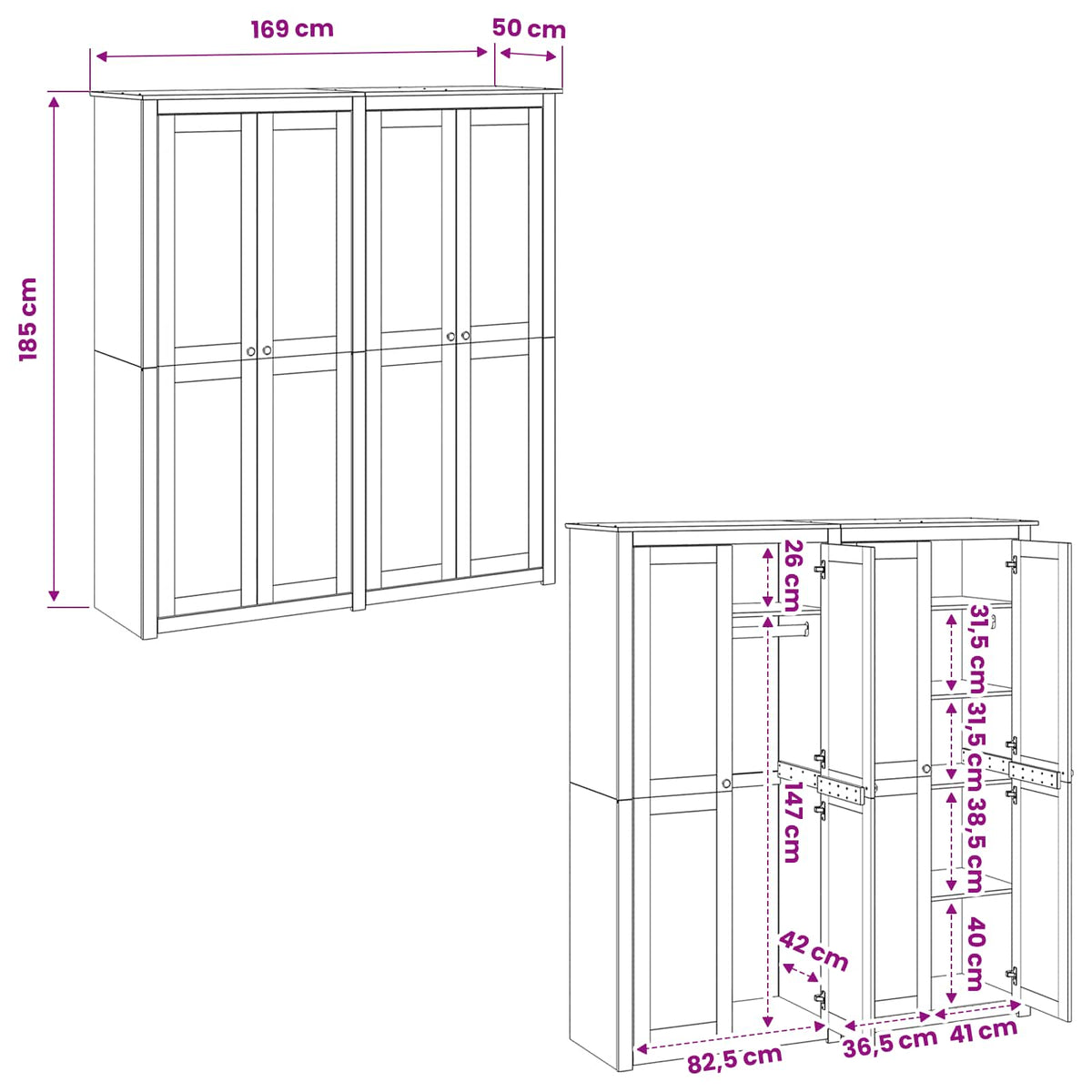 Wardrobe PANAMA Honey 169 x 50 x 185 cm Solid Pine Wood