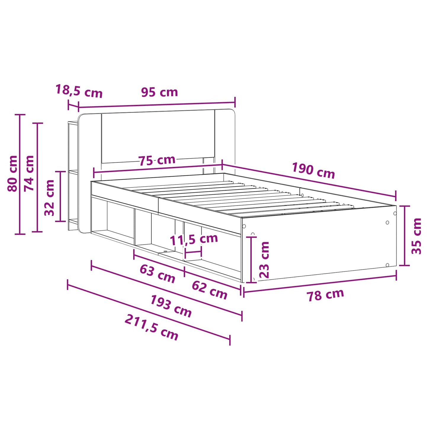 Bed Frame with Storage Grey Sonoma 75 x 190 cm Engineered Wood