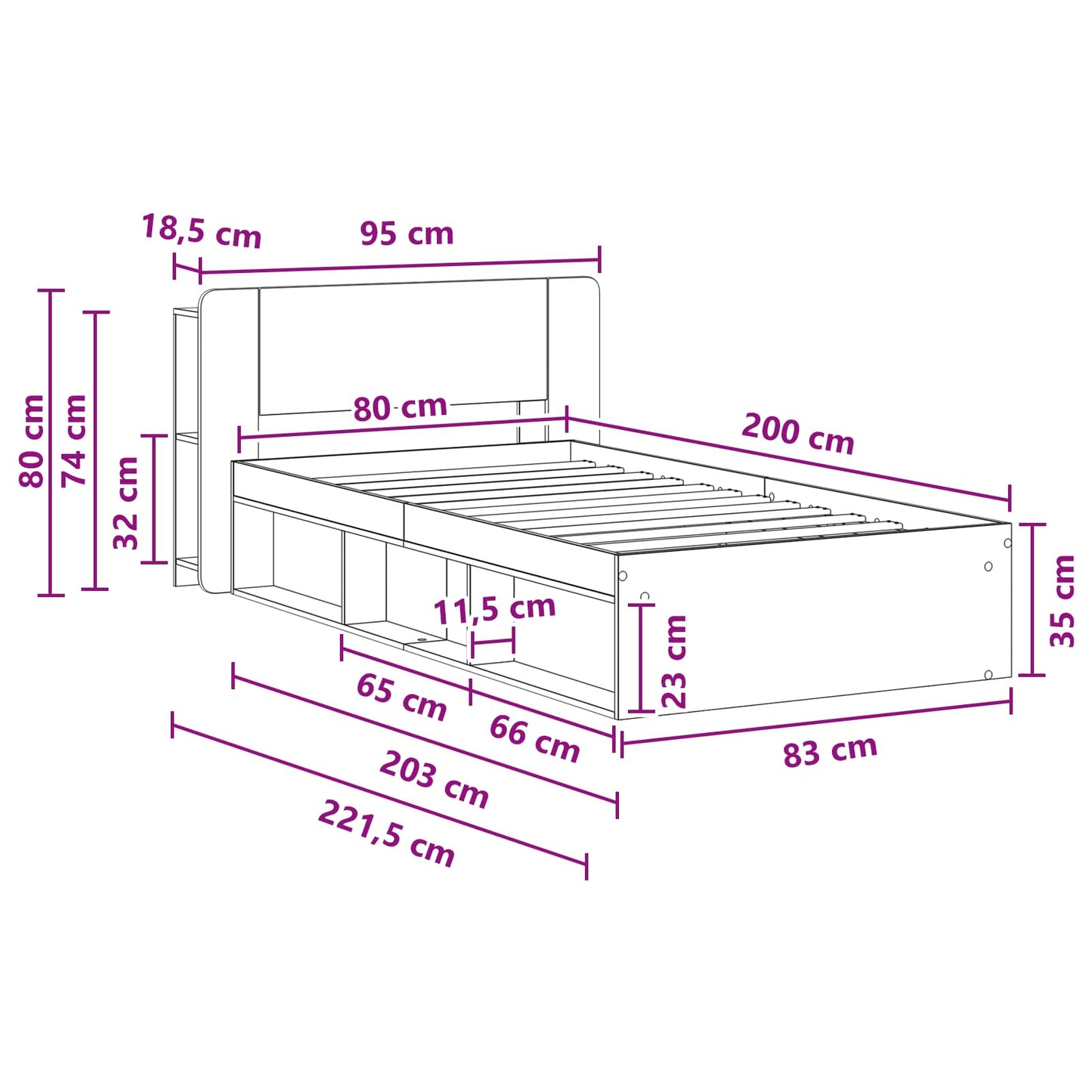 Bed Frame with Storage Grey Sonoma 80 x 200 cm Engineered Wood