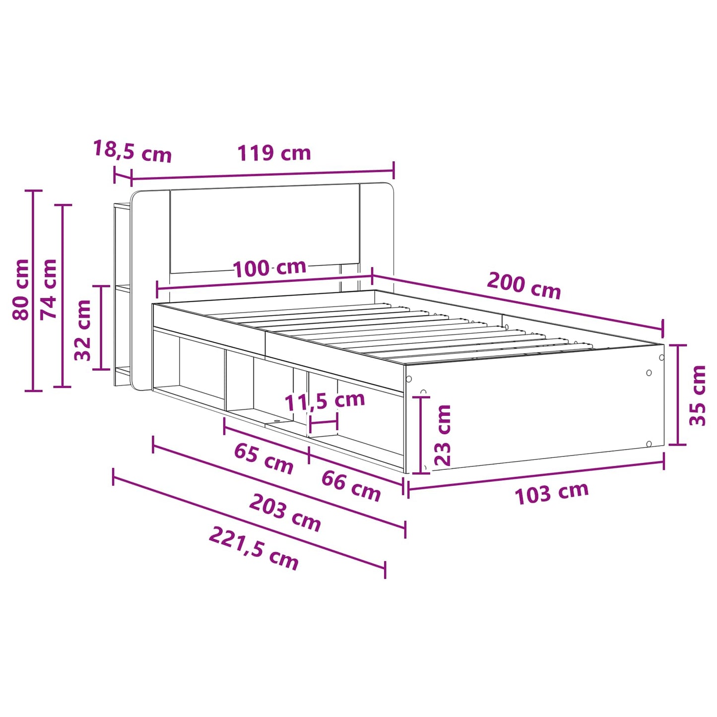 Bed Frame with Storage White 100 x 200 cm Engineered Wood