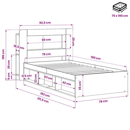Bed Frame with Storage Black 75 x 190 cm Engineered Wood