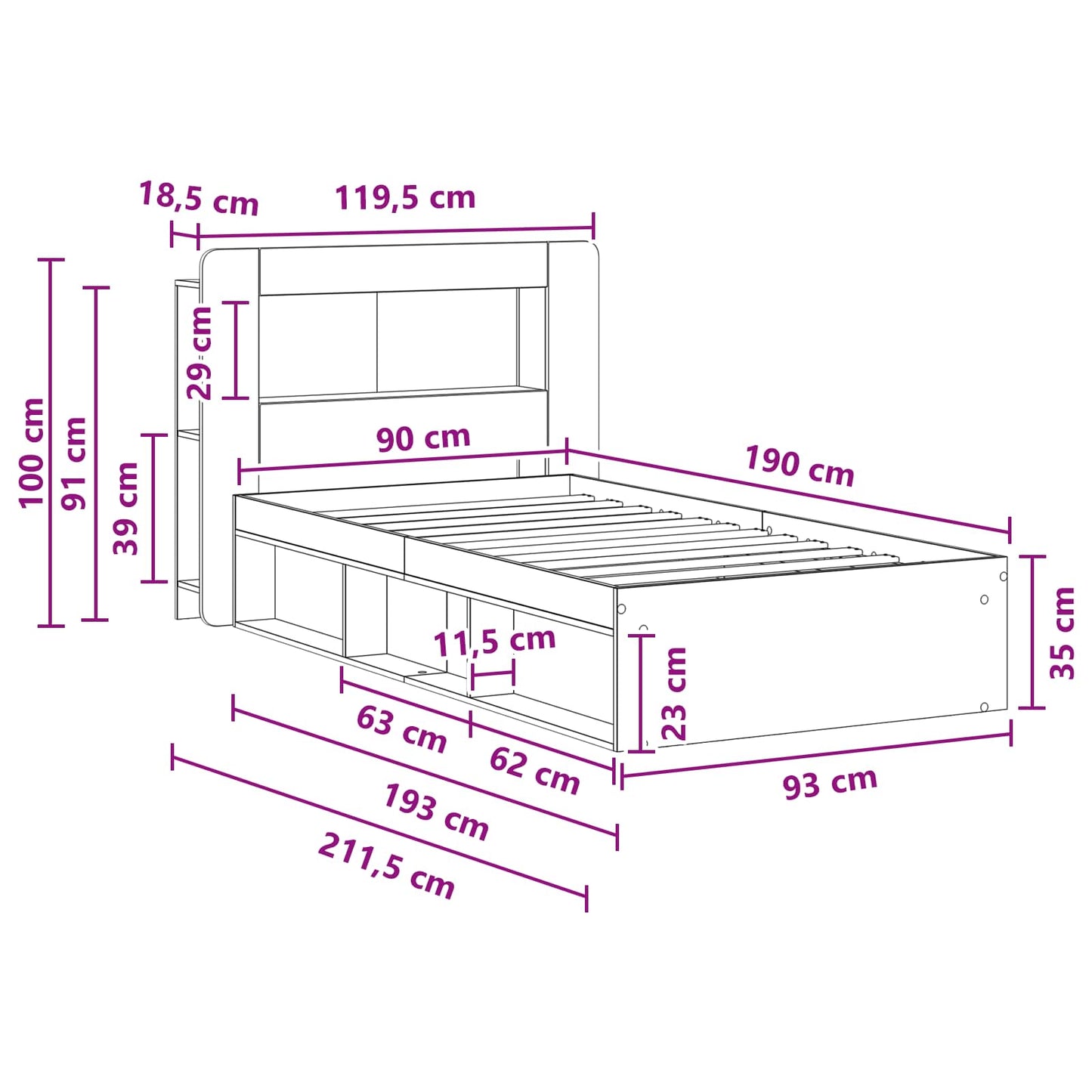 Bed Frame with Storage White 90 x 190 cm Engineered Wood