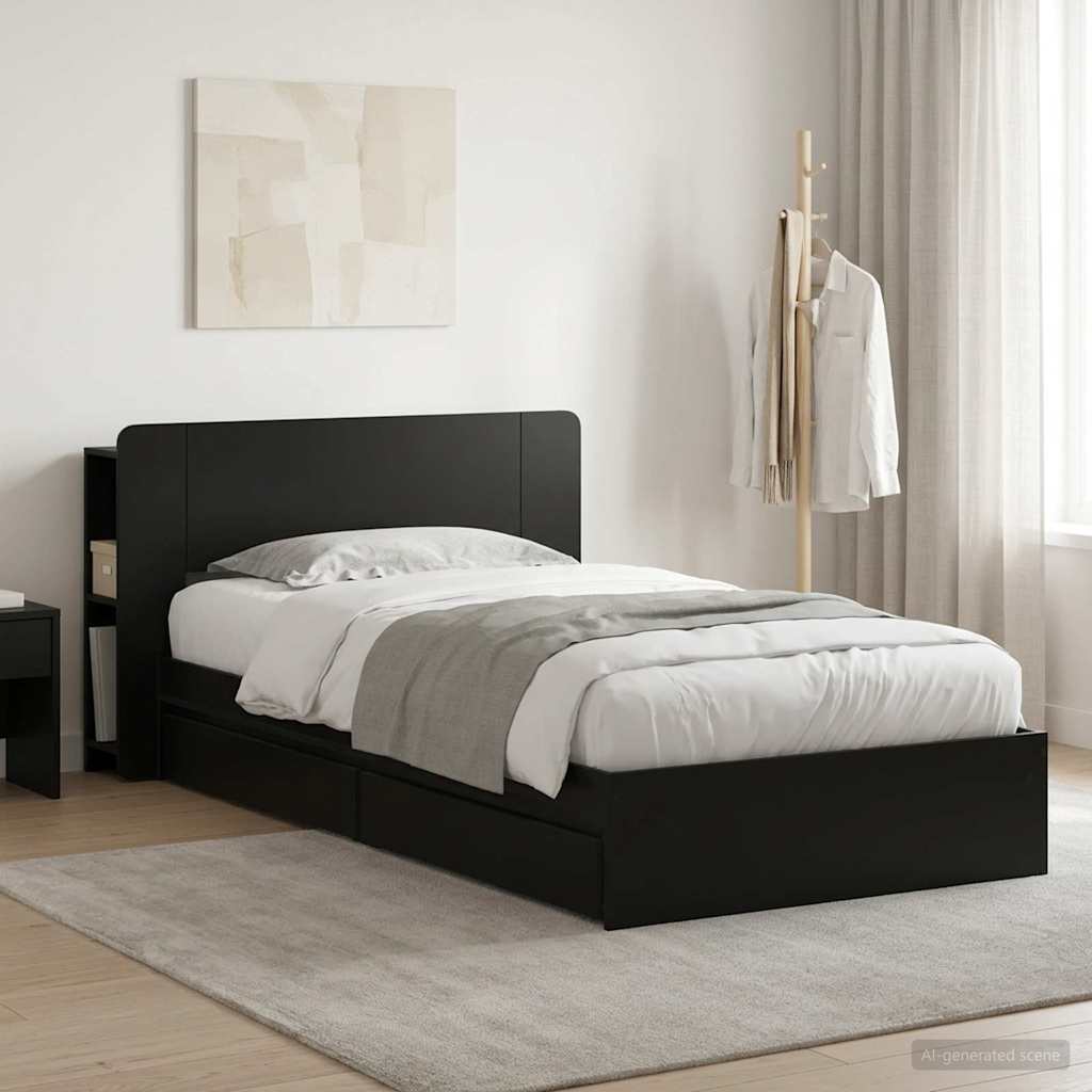 Bed Frame with Storage Black 75 x 190 cm Engineered Wood