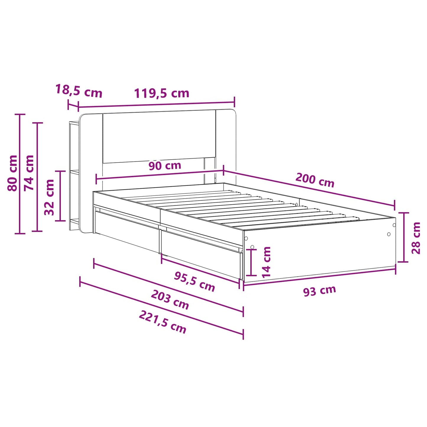 Bed Frame with Storage Sonoma Oak 90 x 200 cm Engineered Wood