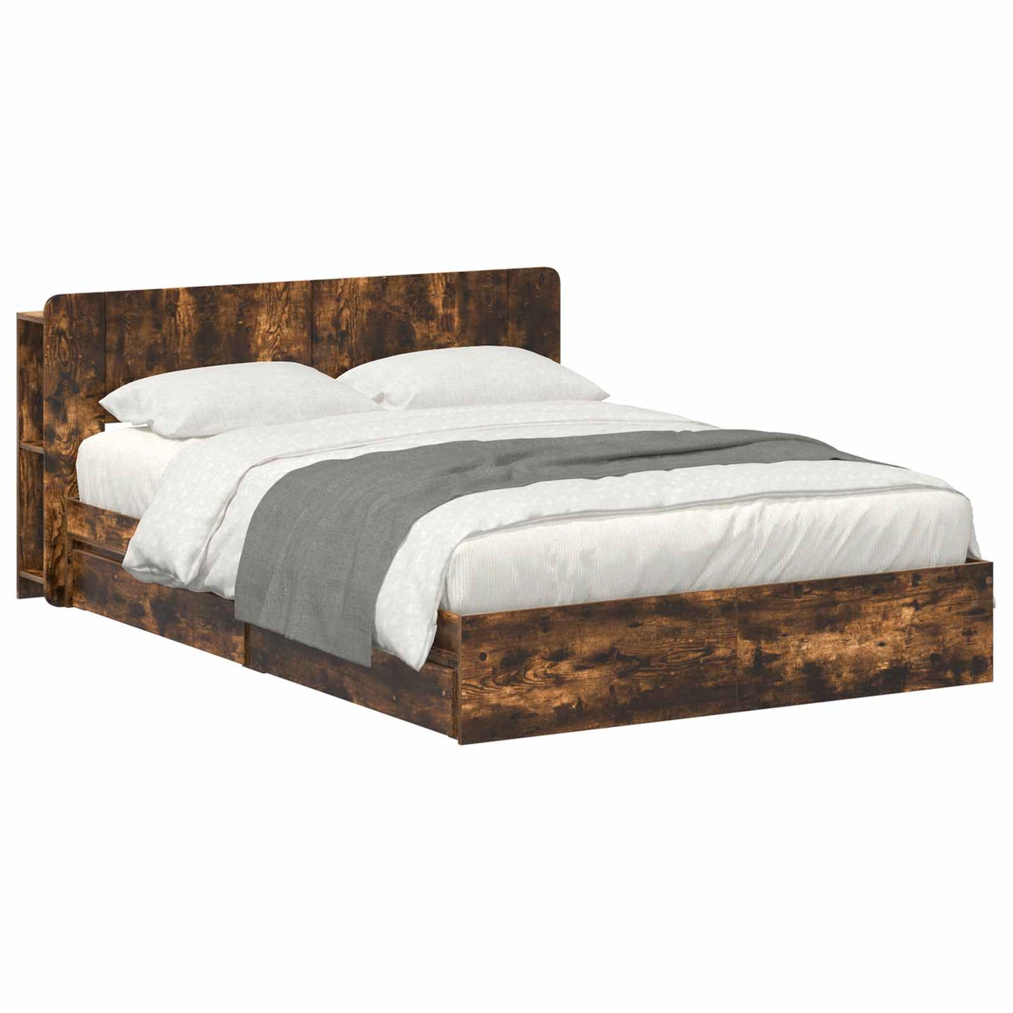 Bed Frame with Storage Smoked Oak 135 x 190 cm Engineered Wood