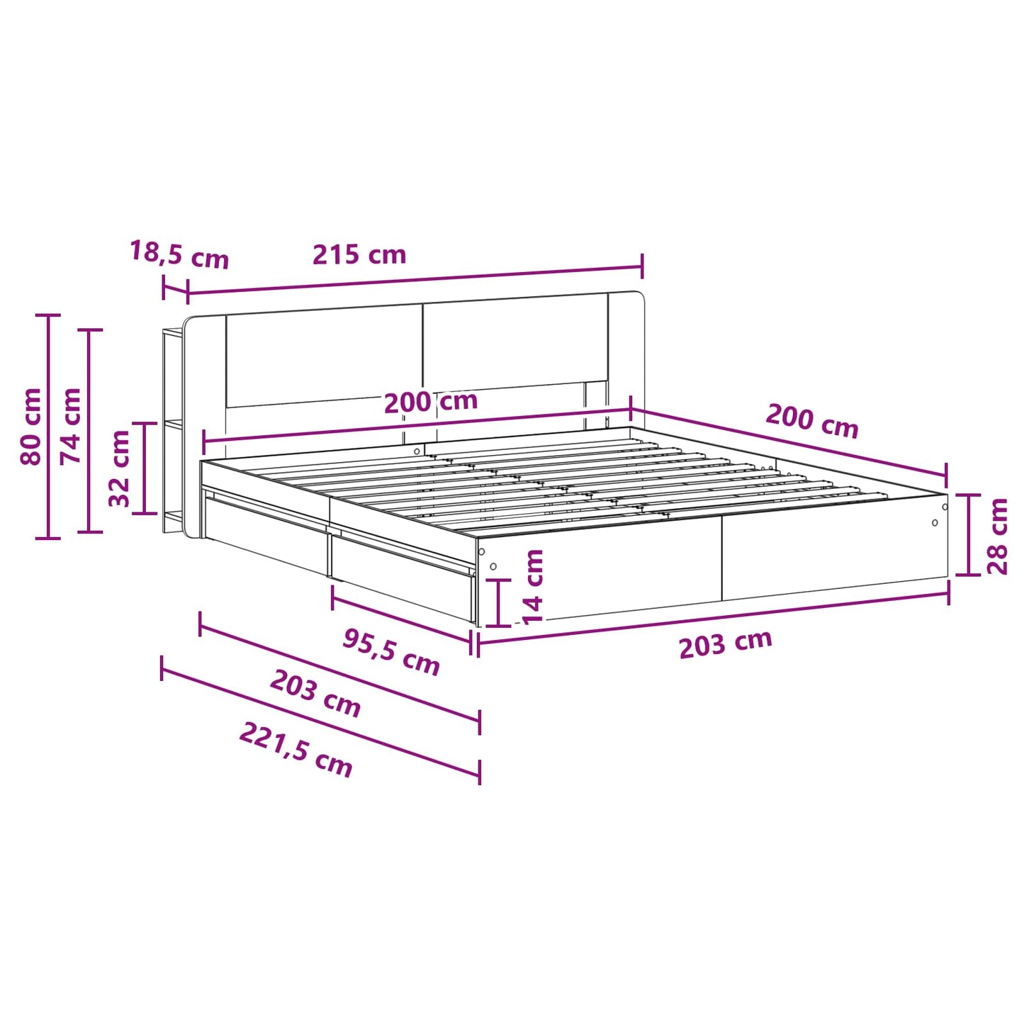 Bed Frame with Storage with Drawer Concrete Grey 200 x 200 cm