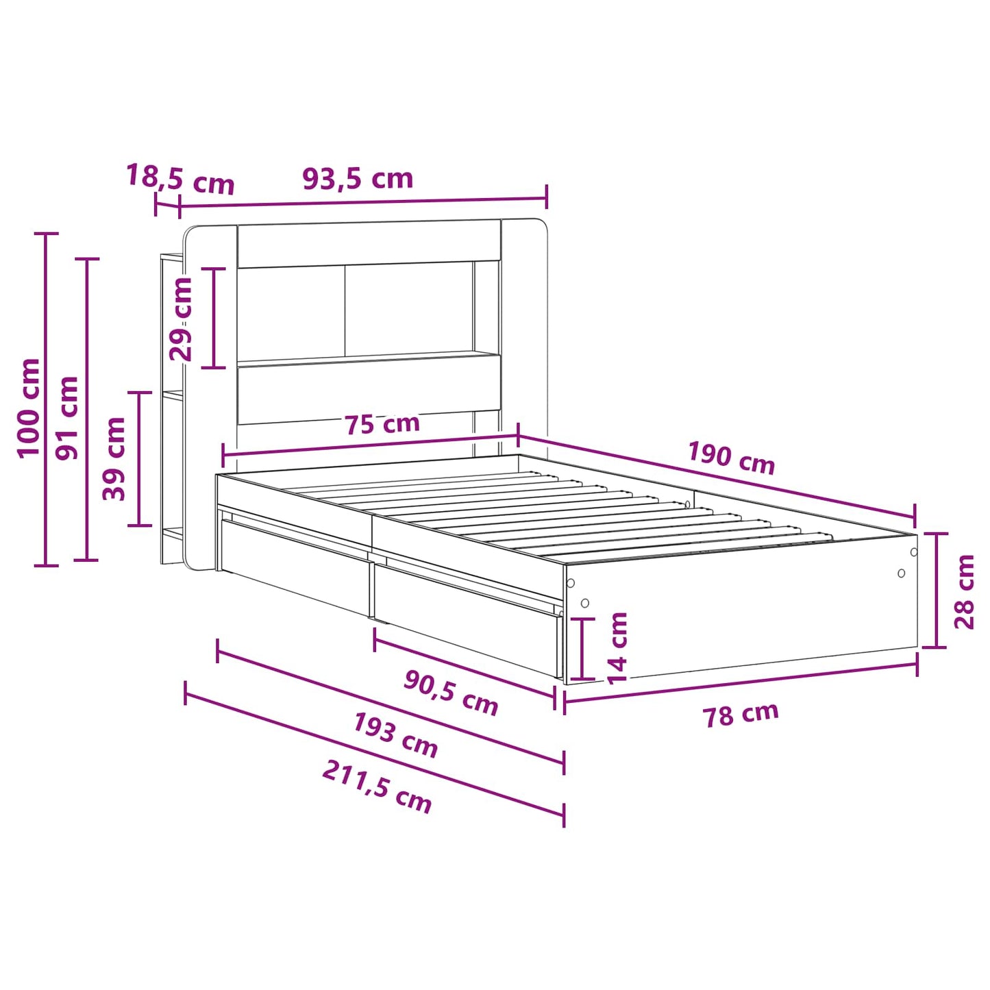 Bed Frame with Storage White 75 x 190 cm Engineered Wood