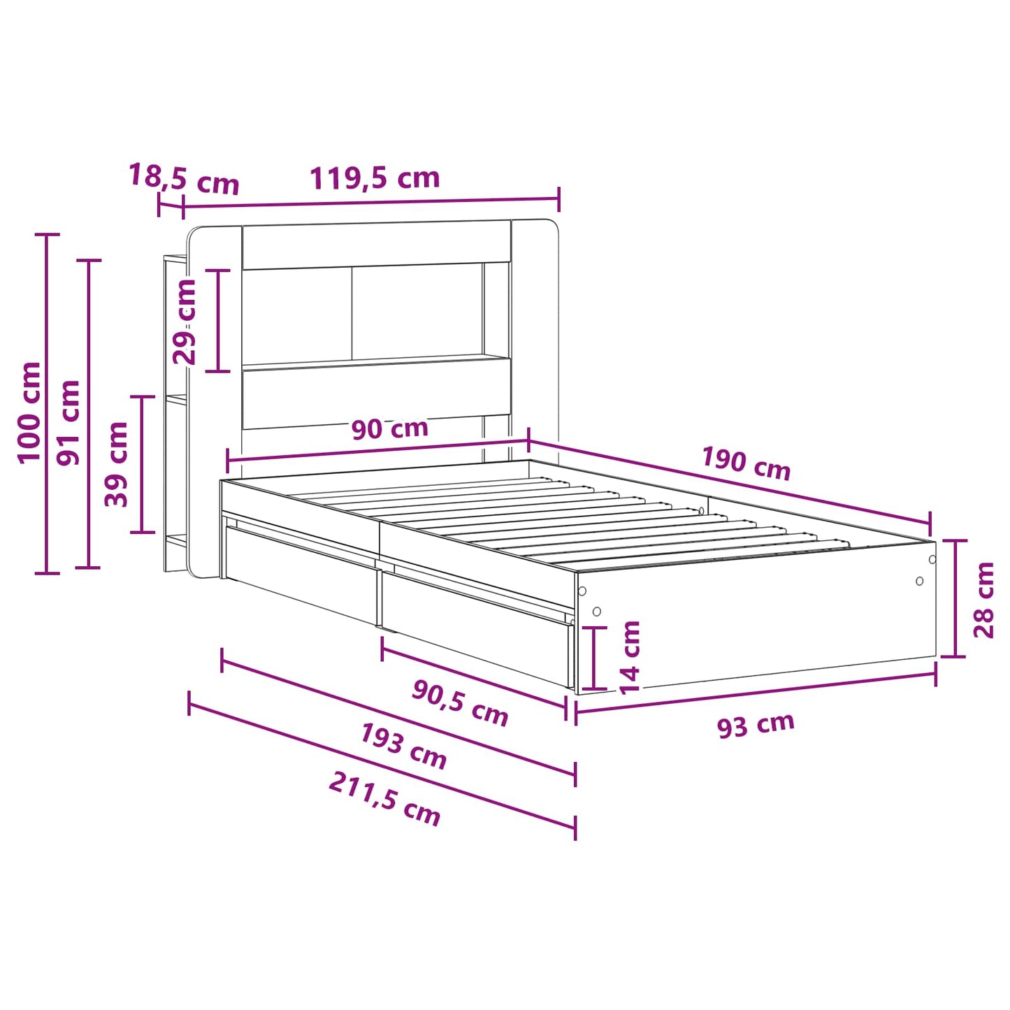 Bed Frame with Storage Black 90 x 190 cm Engineered Wood