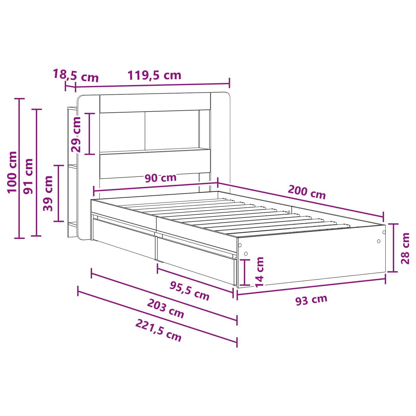 Bed Frame with Storage Grey Sonoma 90 x 200 cm Engineered Wood