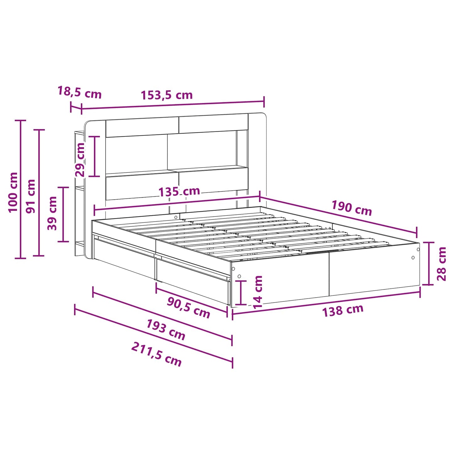Bed Frame with Storage with Drawer Concrete Grey 135 x 190 cm