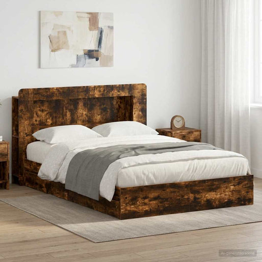 Bed Frame with Storage Smoked Oak 135 x 190 cm Engineered Wood