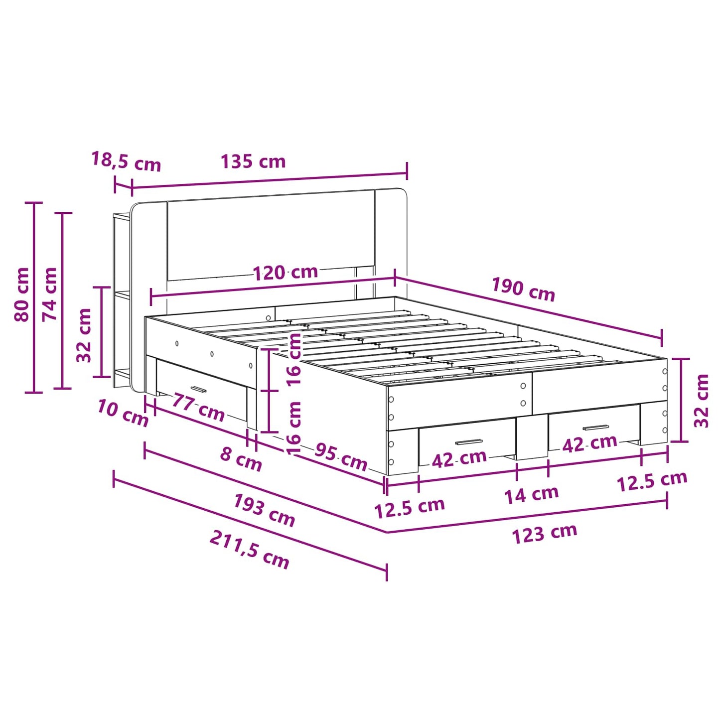 Bed Frame with Storage Smoked Oak 120 x 190 cm Engineered Wood