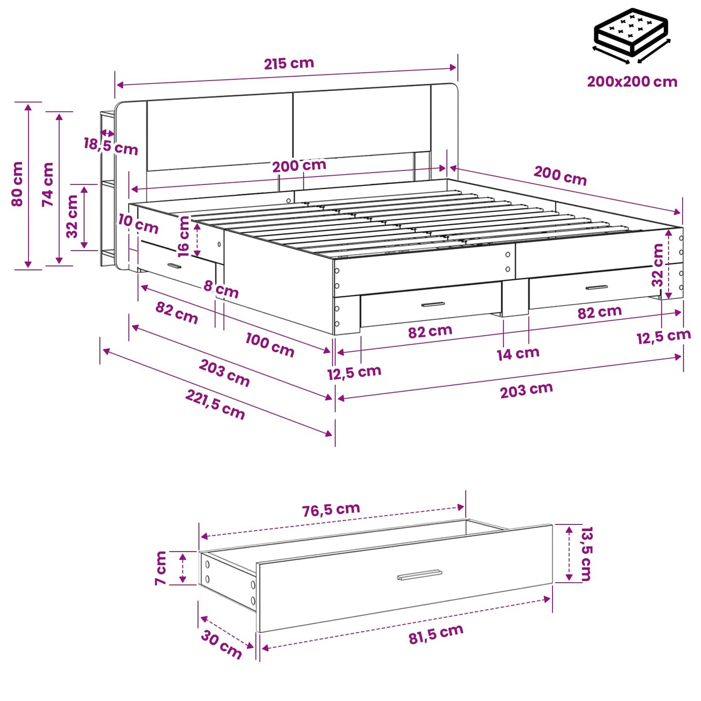 Bed Frame with Storage Concrete Grey 200 x 200 cm