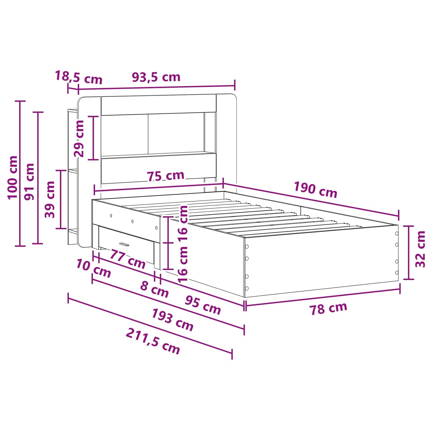 Bed Frame with Storage Black 75 x 190 cm Engineered Wood