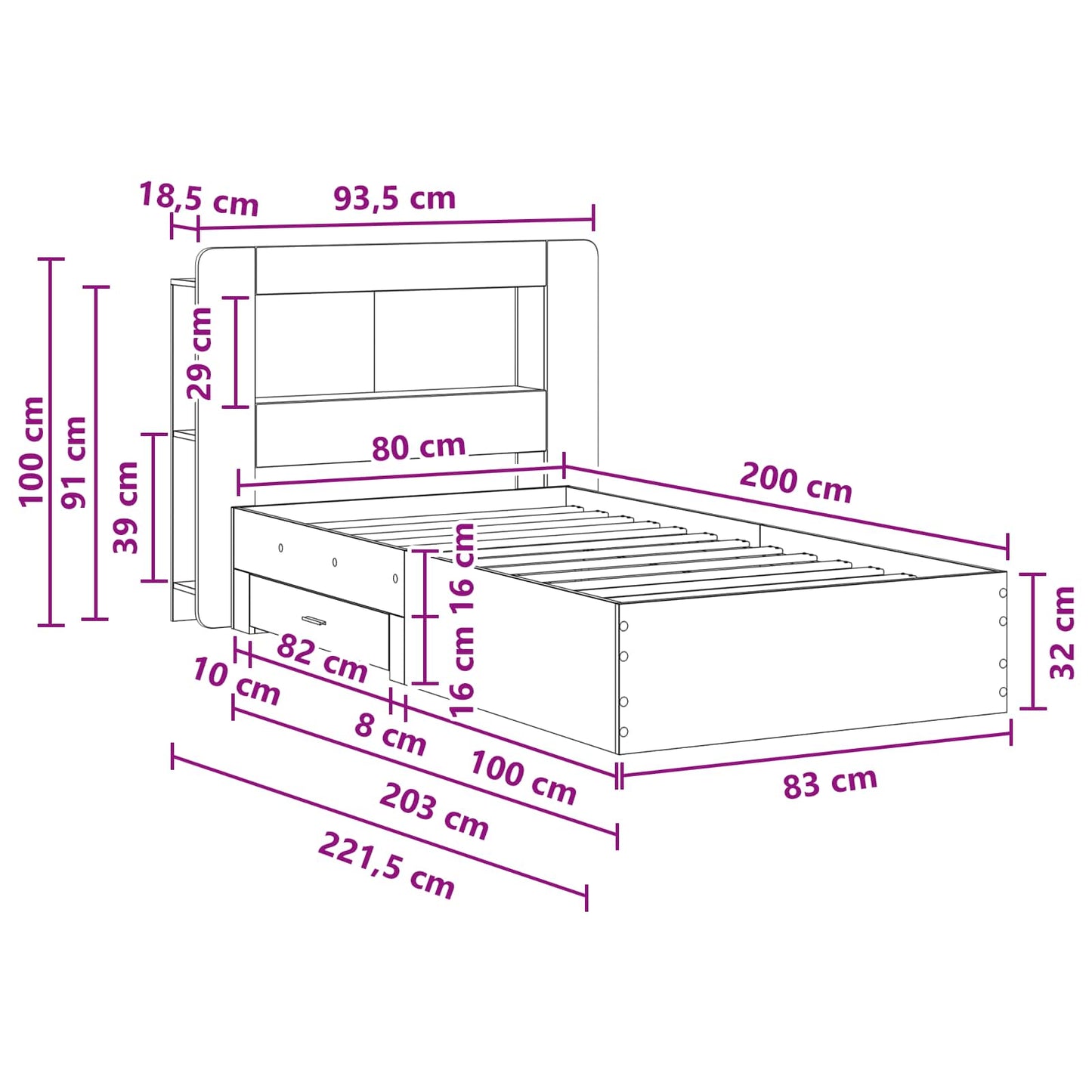 Bed Frame with Storage Smoked Oak 80 x 200 cm Engineered Wood