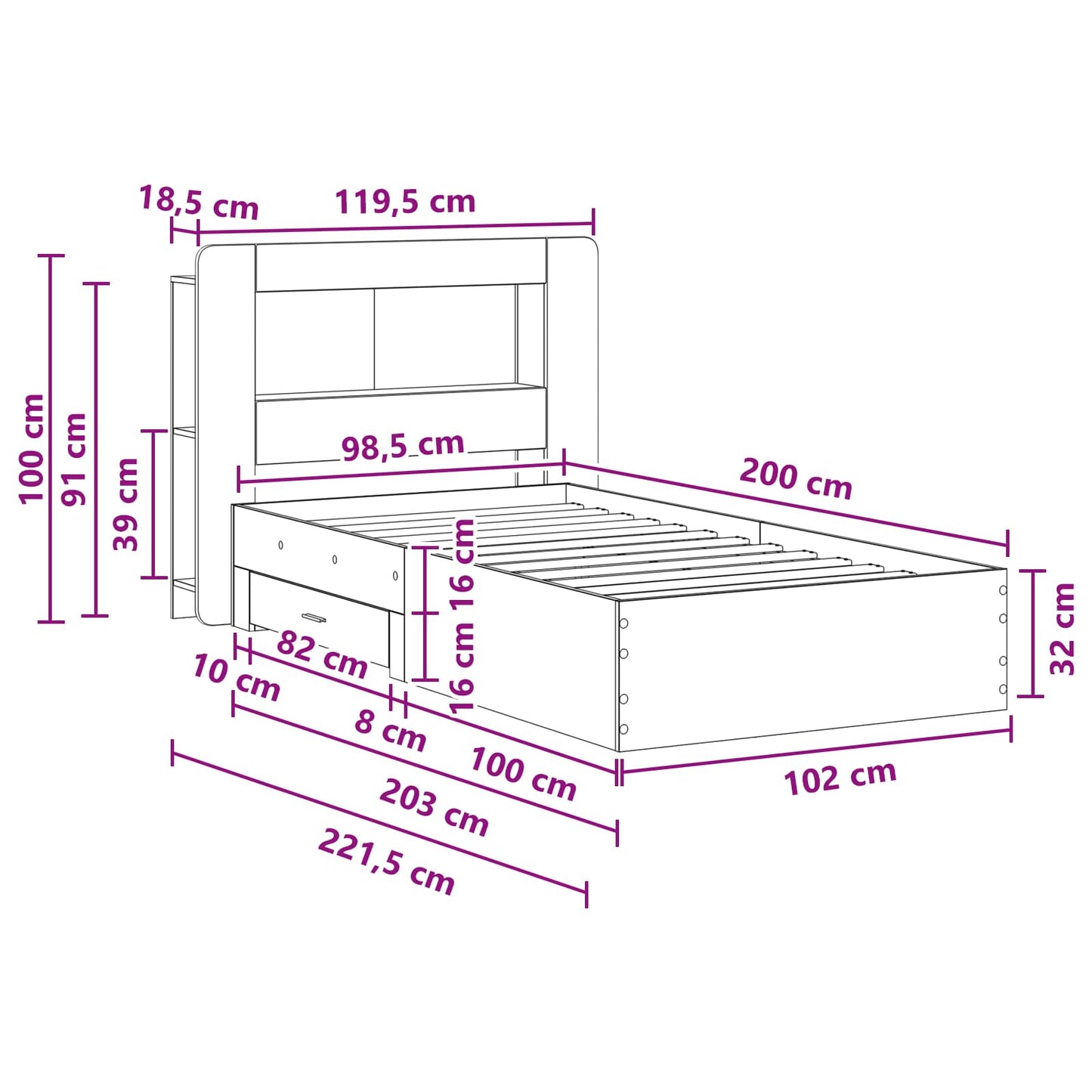 Bed Frame with Storage Artisan Oak 100 x 200 cm Engineered Wood