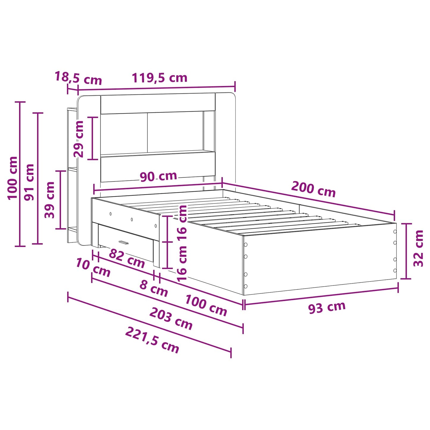 Bed Frame with Storage Artisan Oak 90 x 200 cm Engineered Wood